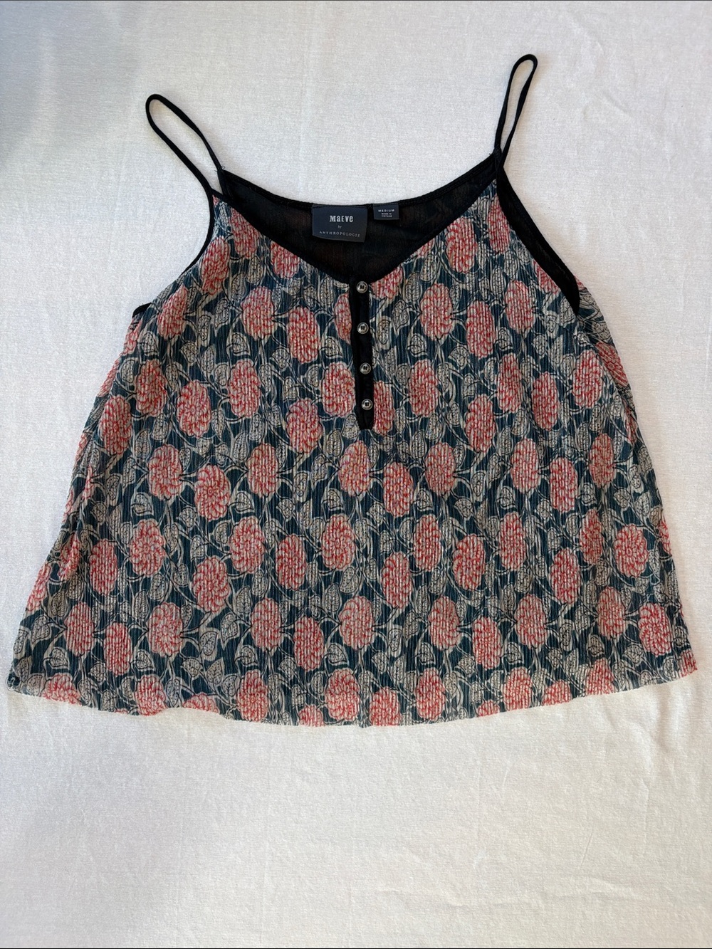Maeve Navy Floral Button-Front Cami with Pink Blooms